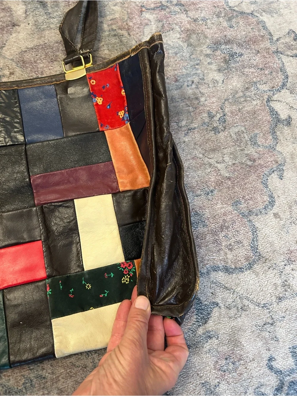 Vintage Made in Italy Patchwork Leather Tote Bag  70s for Sears multi color